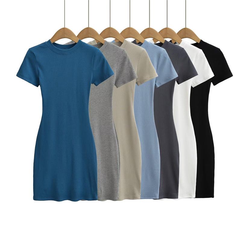 Amerikanischer Stil Schlankes Rundhals-Kurzarm-Bodycon-Kleid - Damen Stretch, Sexy, Reine Begierde Kurzer Rock