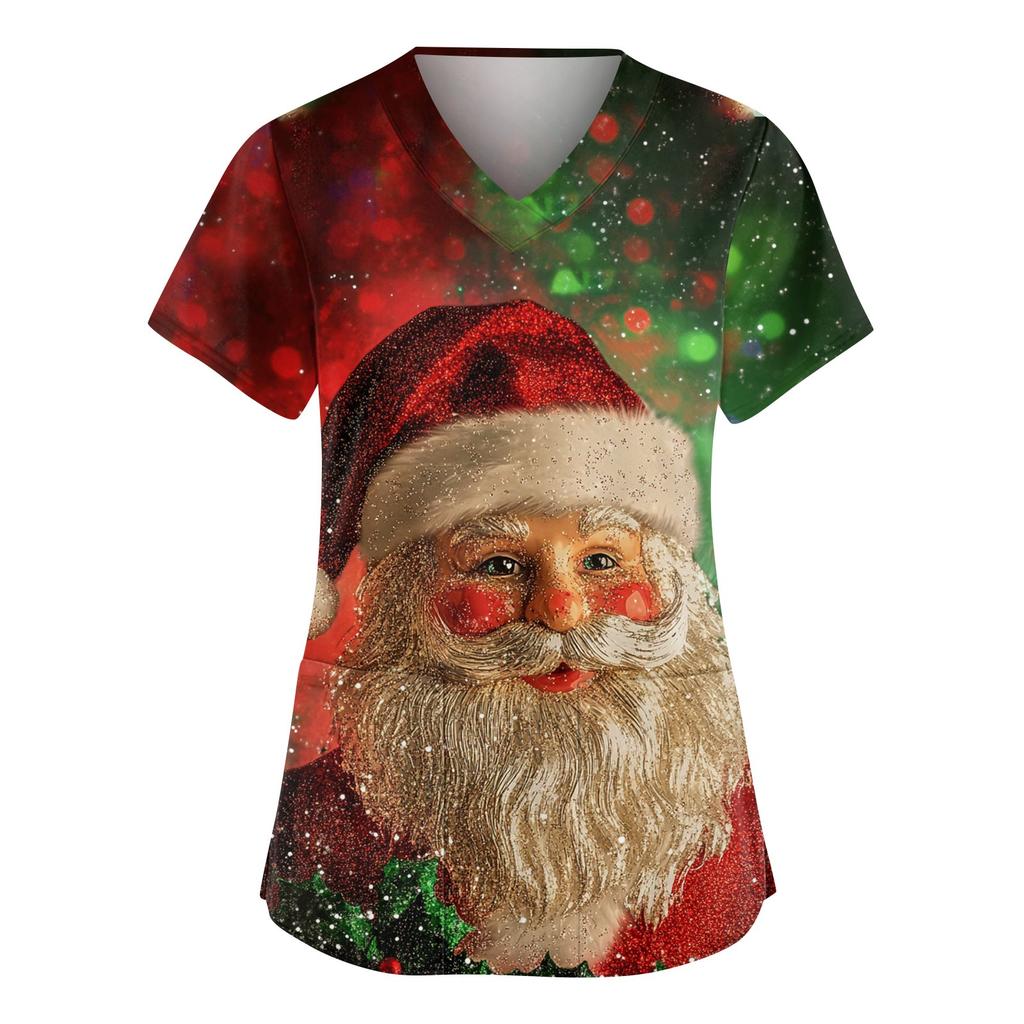 Damen Modische V-Ausschnitt Arbeitskleidung Weihnachten Bedruckt Kurzärmlig Tasche Seitenschlitz Arbeitskleidung Basic Pullover Top