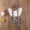 Baby Girls Leopard Print Clothes Set, Backless Flying Sleeve Square Collar Romper + Bow-knot Headband for Summer