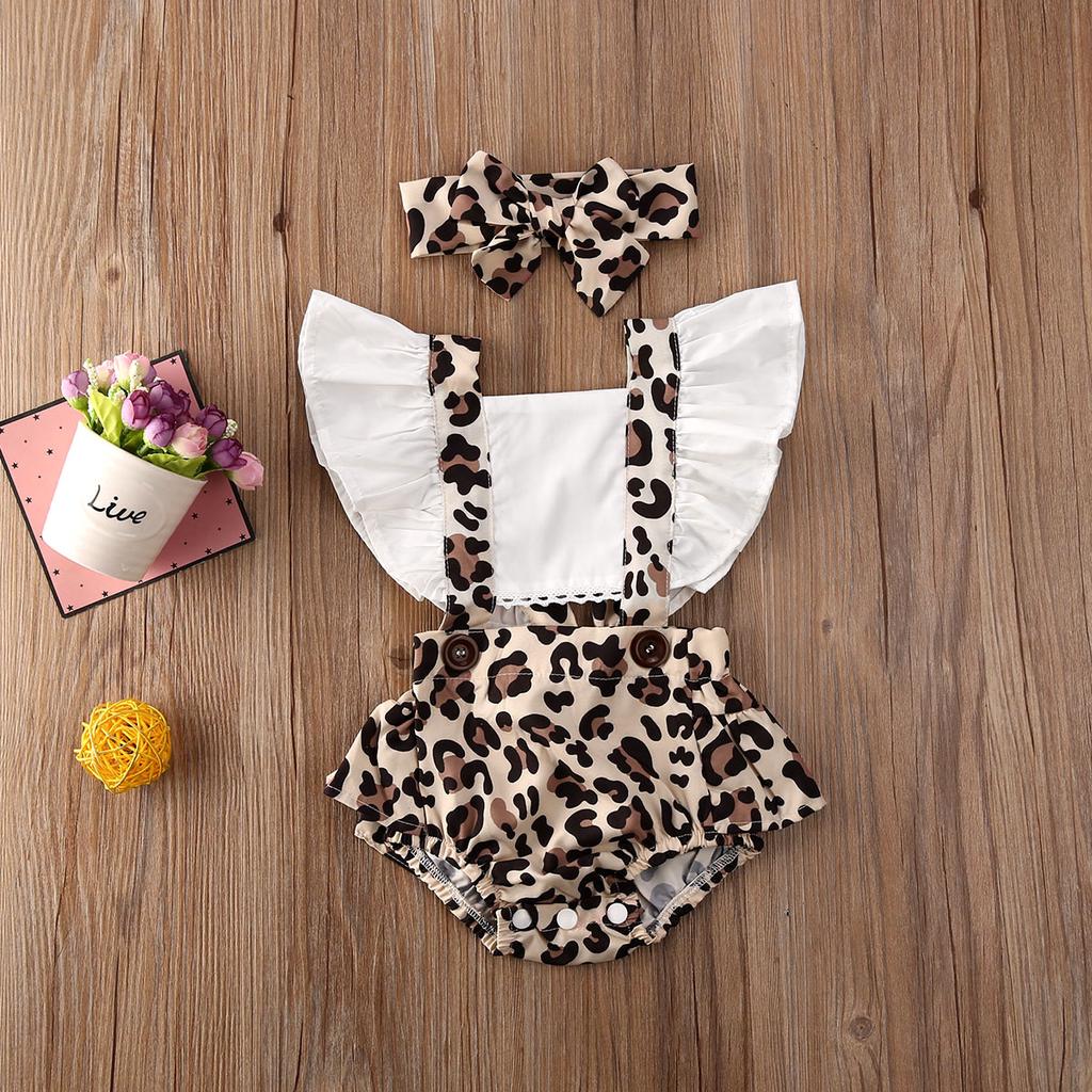 Baby Girls Leopard Print Clothes Set, Backless Flying Sleeve Square Collar Romper + Bow-knot Headband for Summer
