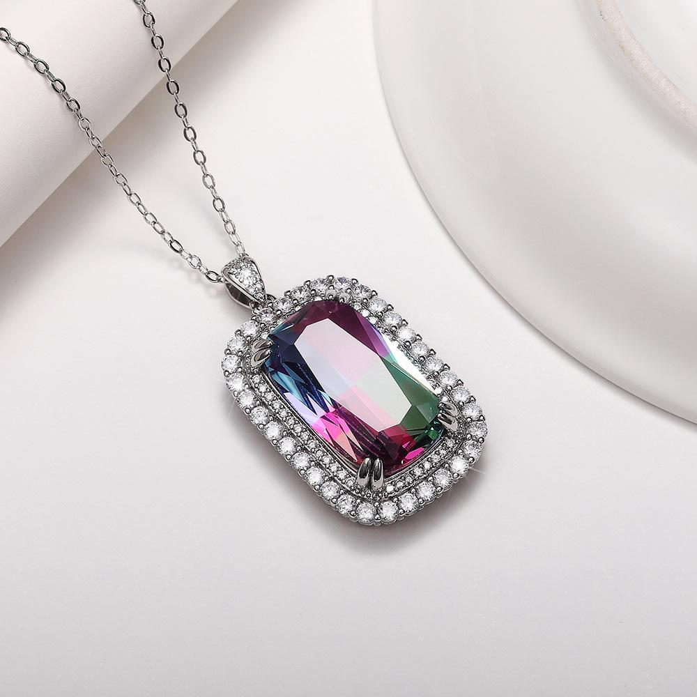 Silver Plated Emerald Cut Gradient CZ Pendant Necklace, Double Halo Cable Chain Necklace for Women
