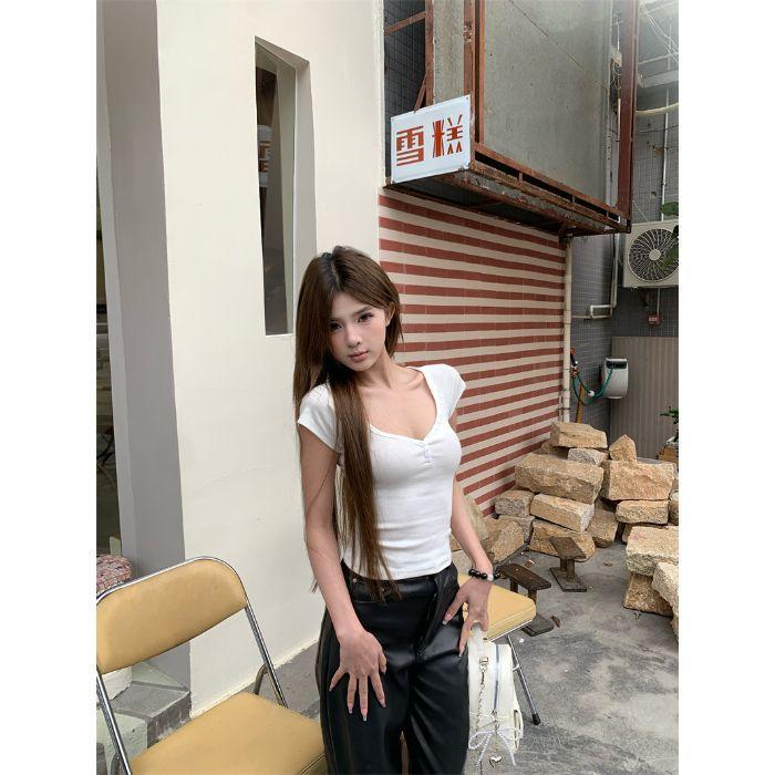 American Front Shoulder Short-sleeved T-shirt Women's Summer Korean Slim-fitting and Thin Inner Bottoming Shirt Spice Girl Short Casual Top