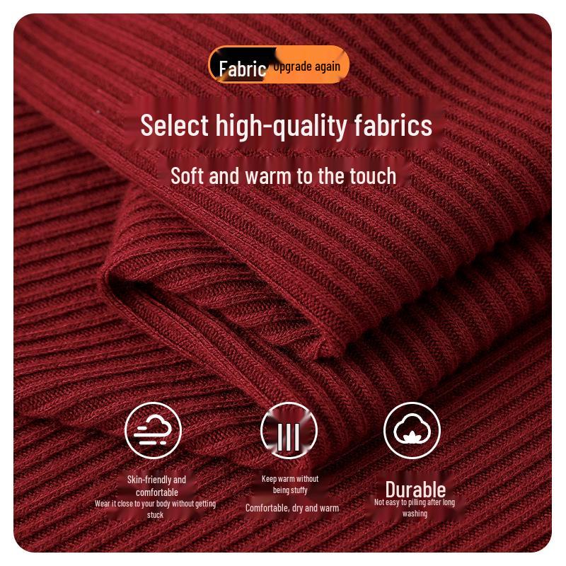 Women's Red Slim Knit High-Neck Dress with Inner Layer - Perfect for Autumn & Winter, New Year Outfit.