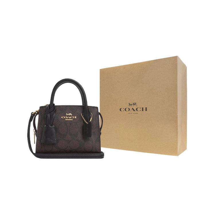 Coach Andrea 15 Logo Dorato Monogramma Classico Tela Rivestita E Pelle Liscia Borsa Tote Borsa Shopping Borsa a Spalla Tracolla Mini CO975-IMAA8