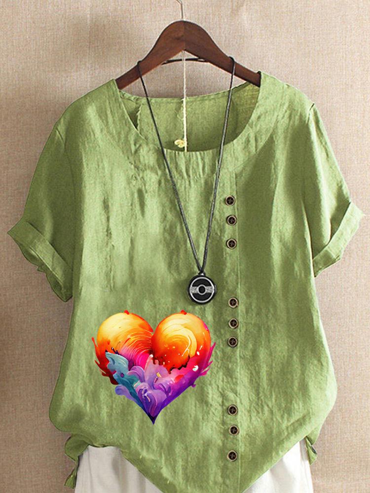 Women's Fashion Flame Love Print Round Neck Short Sleeve T-shirt Summer Casual Cotton Linen Graphic Shirt Leisure Loose Blouse Tops