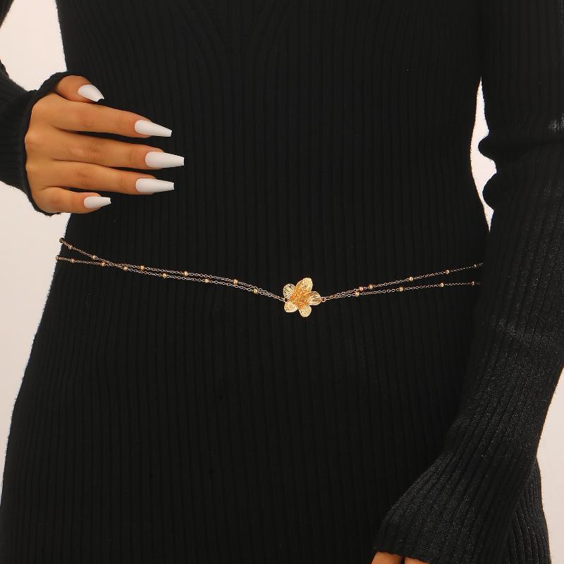 Minimalist Flower Waist Chain Gold Silver Metal Bead Decor Adjustable Body Chain for Swimsuit Cover Up Beach Wear