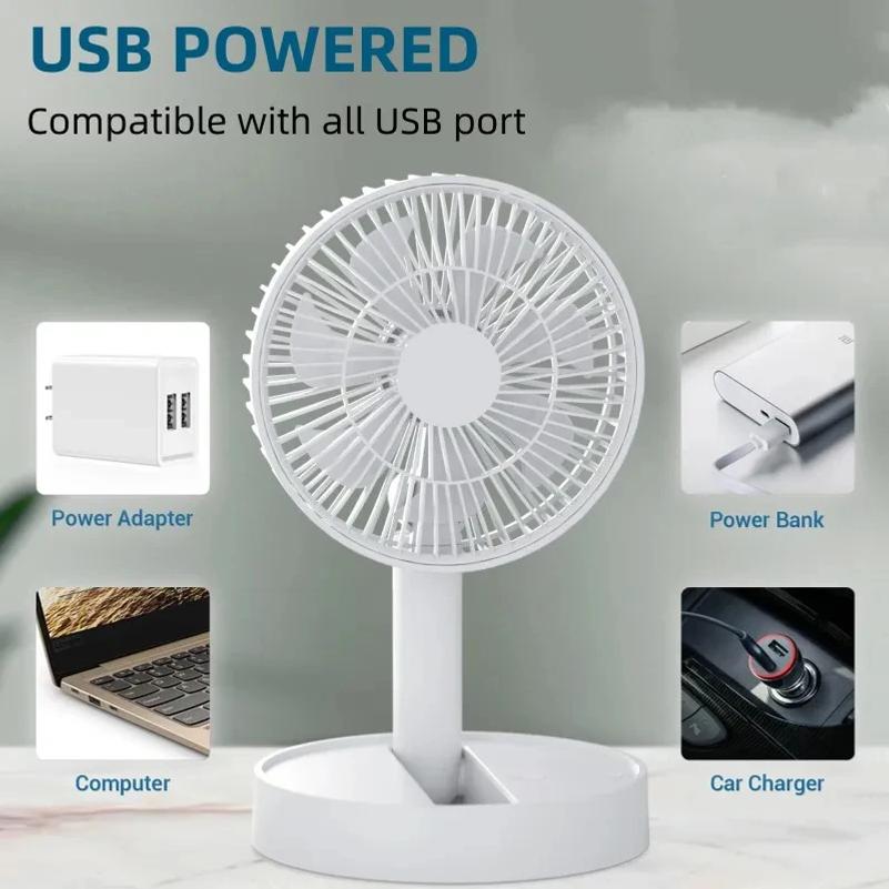 Foldable Retractable Mini Desk Fan USB Rechargeable Portable Small Electric Fan With Built In Phone Stand Storage Design For Off