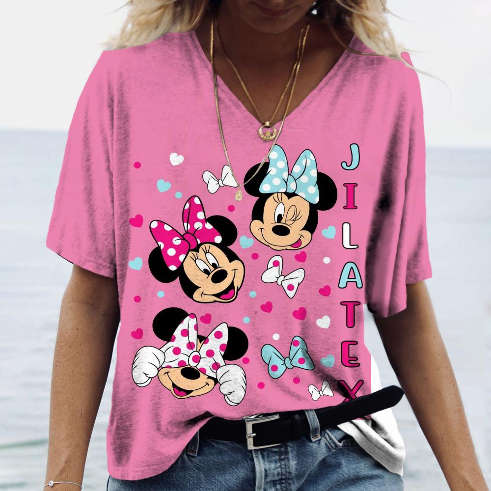 Casual Loose Top V-neck Versatile Short Sleeve Fashion Print T-Shirts Women’s