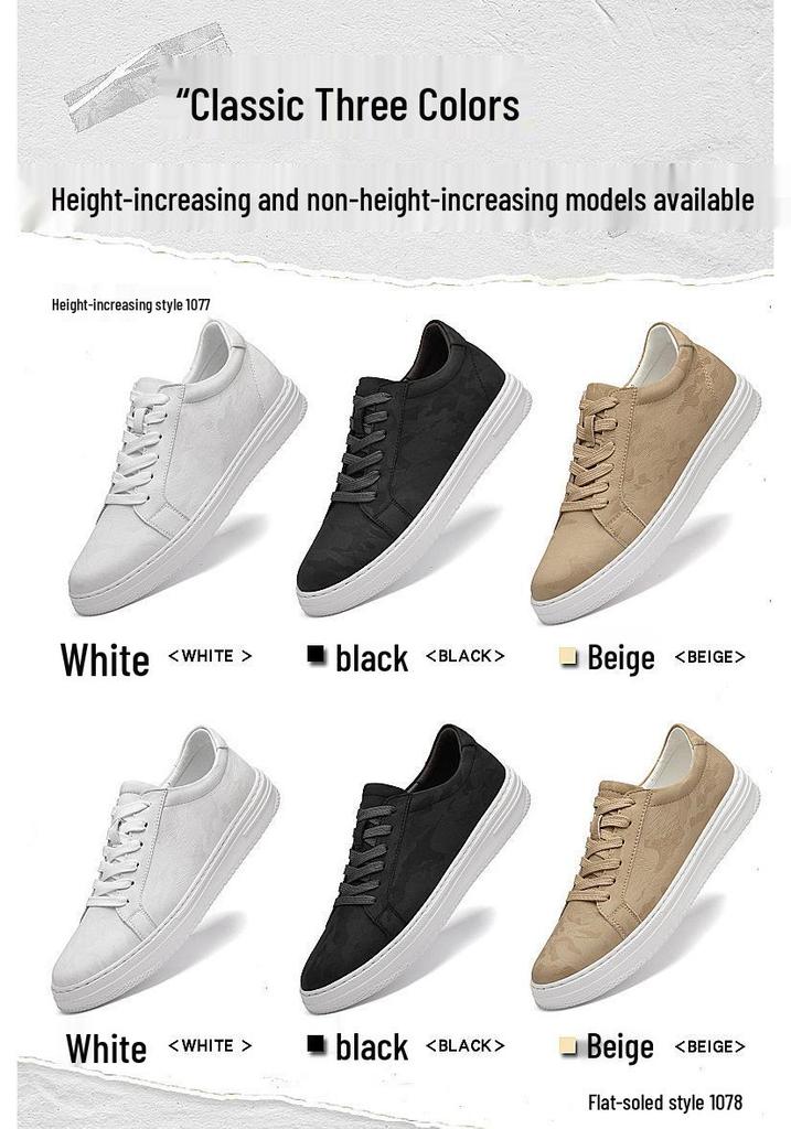 Men's Plus Size Autumn Height-Boost 6CM Leather Sneakers - Fashionable Casual White Shoes