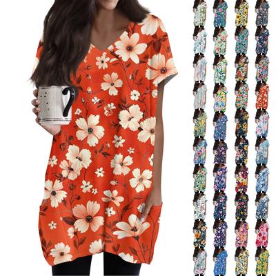 Women's Retro Flower And Leaf Print V-Neck Midi Pocket Short Sleeve Top