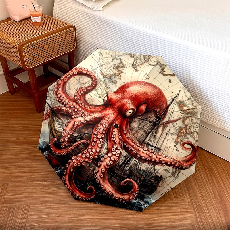 Ship Octopus pattern, automatic folding umbrella, portable and foldable design, 8 ribs, a Christmas or birthday gift.