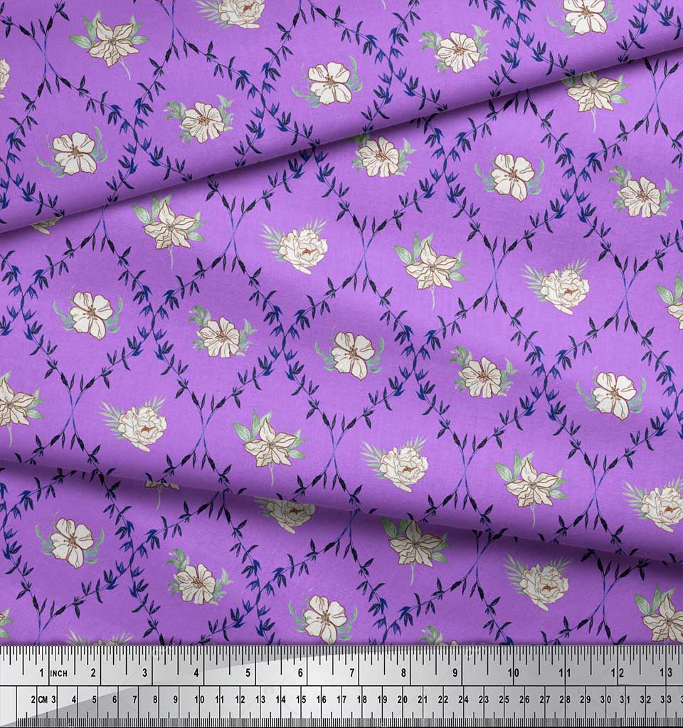 Soimoi Green Poly Crepe Fabric Azalea & Peony Damask Print Fabric by metre 42 Inch