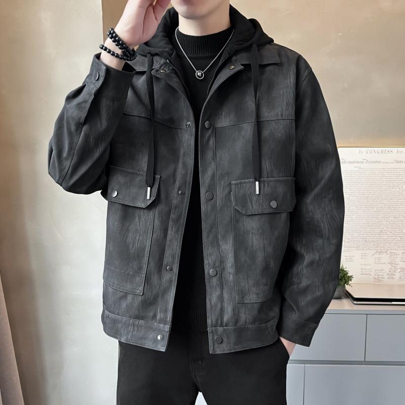 

HL Men s Slim Fit Washed Leather Motorcycle Jacket with Hood L