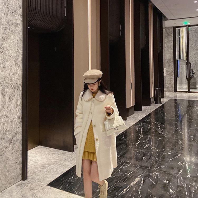 Women's Faux Fur Slim Mid-Length Woolen Coat for Autumn and Winter