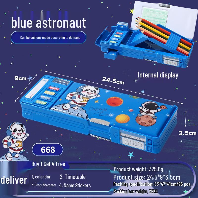 Multifunctional Cartoon Astronaut Pencil Box - Large Capacity, Double Layer Stationery for Elementary Students, Boys & Girls.