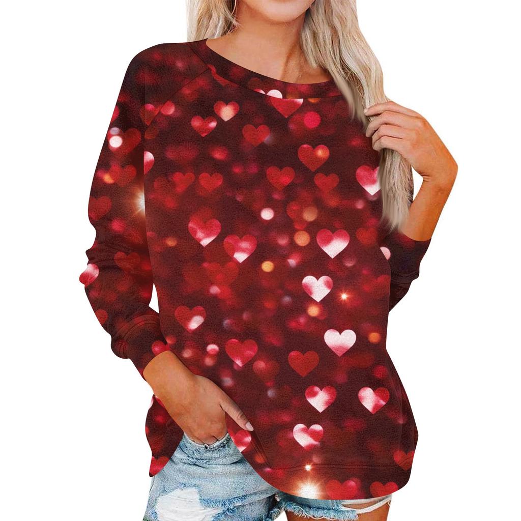 Women's Fashionable Round Neck Shoulder Long Sleeved Valentine's Day Printed Casual Pullover Top