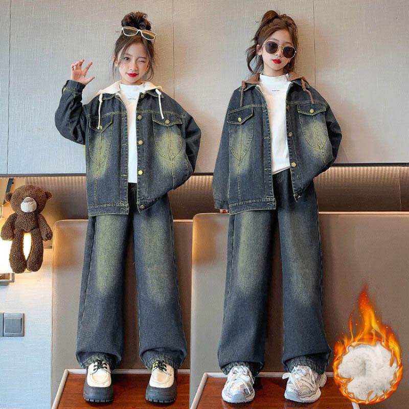 Mädchen Denim-Set, Herbst/Winter-Stil, Kapuzenjacke und Weitbein-Hose Zweiteiler