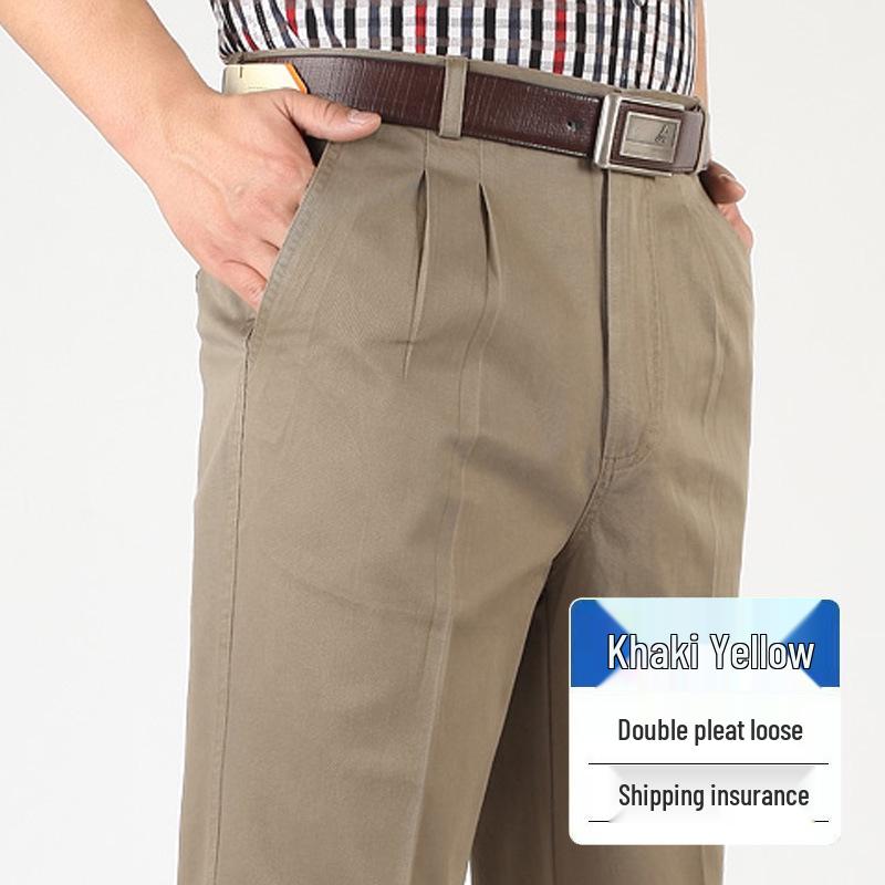 Dad's Pants Men's High Waist Cotton Double Pleated Loose Fit Pants for Spring & Autumn