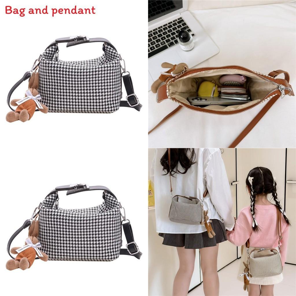 Simple Houndstooth Pattern Parent Child Shoulder Bag With Pendant For Kids Daily Use
