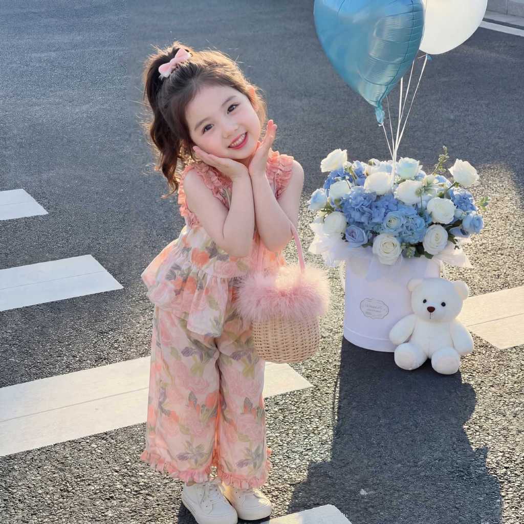 Girl Flower Summer Sleeveless Twopiece Outfit With Soft Polyester Fabric For Kids Age 3 To 8