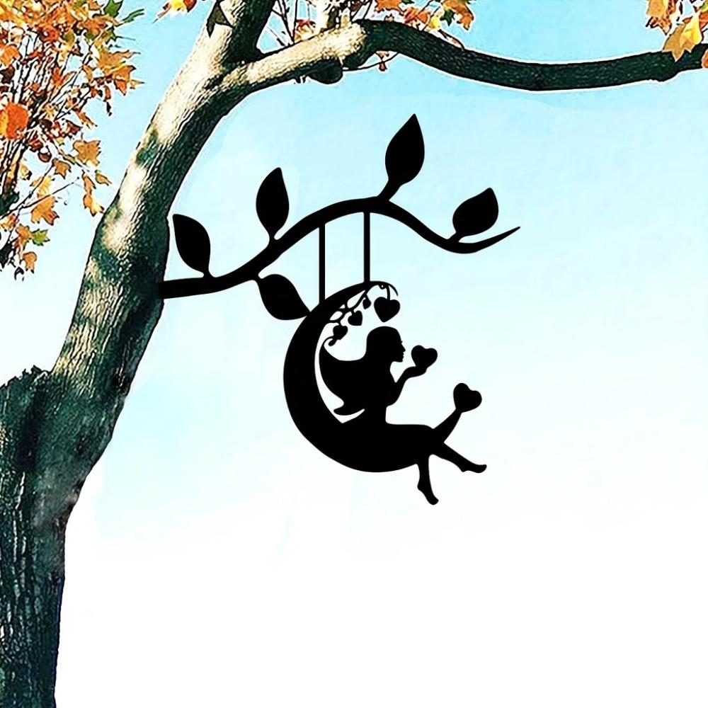 Swing Elf On Branch Steel Silhouette – Metal Wall Art for Home, Garden, Outdoor Statue Stake Decoration, Ideal for Birthdays