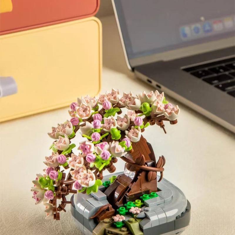 Mini Pflanze Bonsai Baustein Blume Pflanze Kirschblütenbaum Topfpflanze Strauß Modell Steine Heimdekoration Spielzeug für Kinder Geschenke