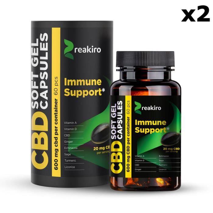 Lot de 2 x 60 Gélules CBD Reakiro Full Spectrum (2 x 600mg), Immune Support. Ingrédients 100% naturels.
