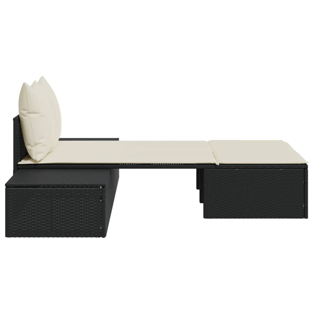 Double Sun Lounger with Cushions Black Poly Rattan
