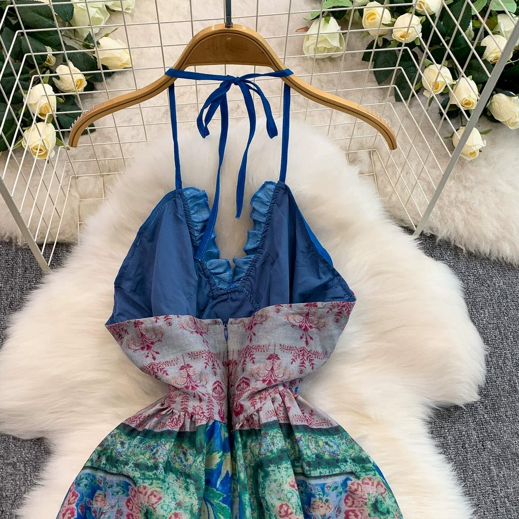 Summer Women Sexy Halter Open Back Print Long Maxi Holiday Beach Dresses