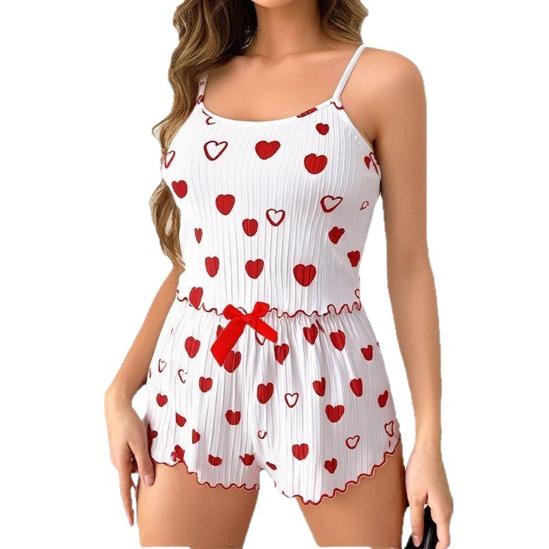 Women's Heart Print Ribbed Camisole & Shorts Loungewear Set