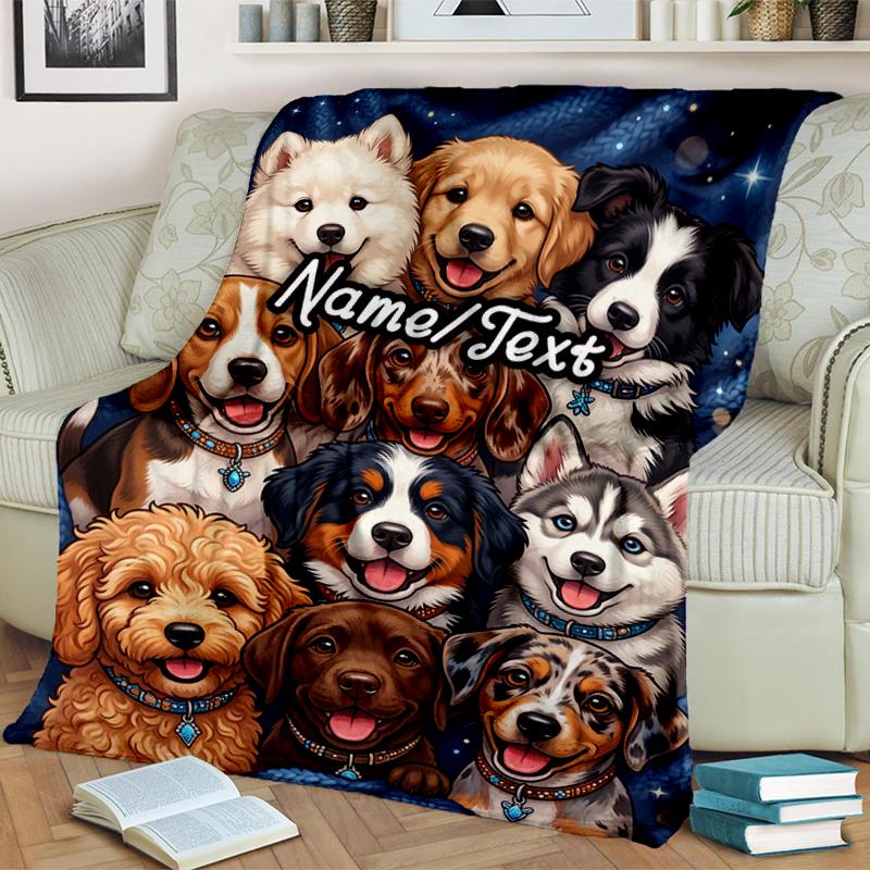 1PC Custom Name Puppy Portrait Collage flannel blanket versatile,all-season throw suitable for the living room,bedroom,camping,travel,and gift