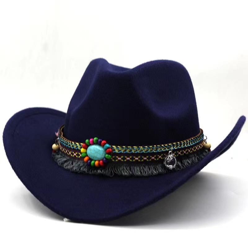 

Vintage Woolen Western Cowboy Hat For Autumn and Winter Ethnic Style Belt Solid Color Outdoor Sun Cap Jazz Hat adult темно-синий