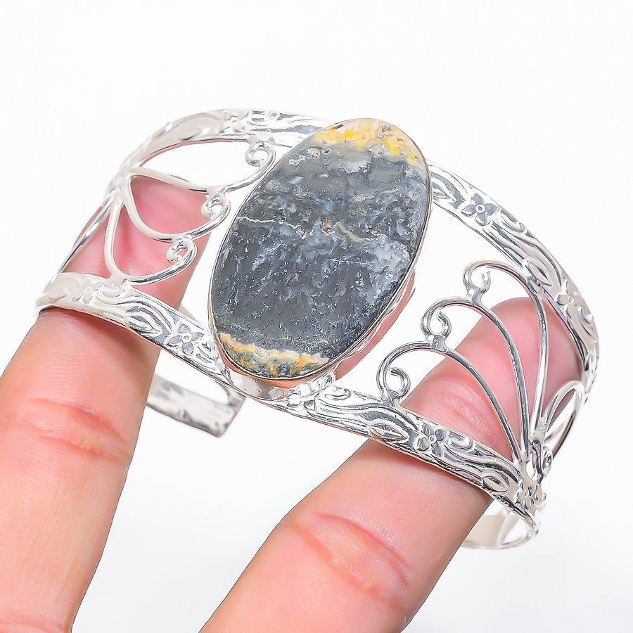 Natural Bumble Bee Jasper Gemstone 925 Sterling Silver Cuff Bangle Adj g8s25