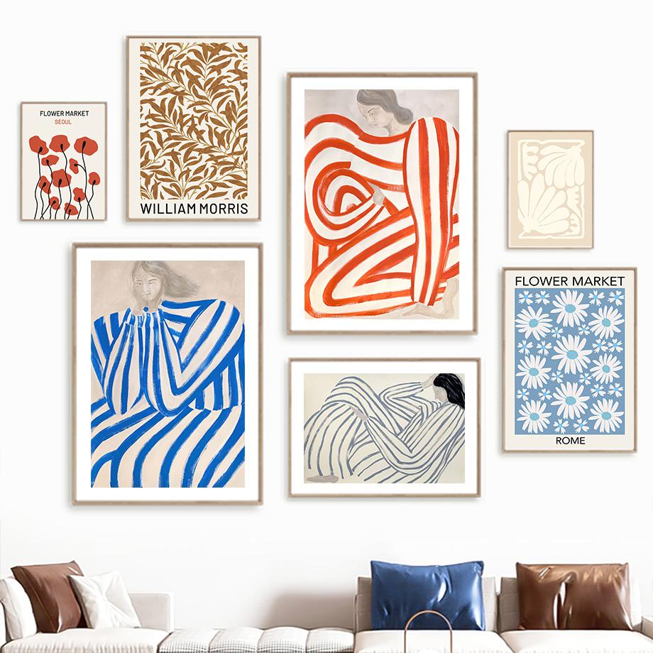 Abstract Line Striped Girl Art Print, Yayoi Kusama Canvas Painting, Flower Market Wall Pictures, Living Room, Home Decoration