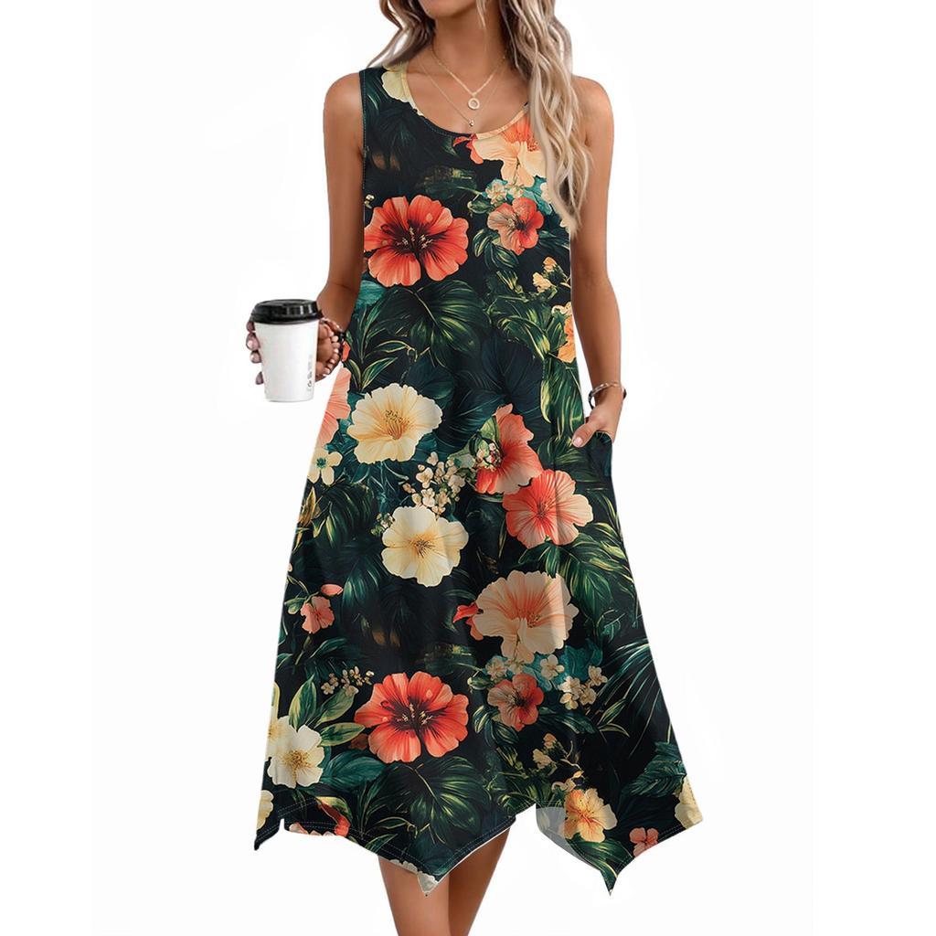 Women Casual Sleeveless Summer Dresses  Spring Crewneck Patchwork Boho Floral Ruffle Cocktail Party Midi Dress