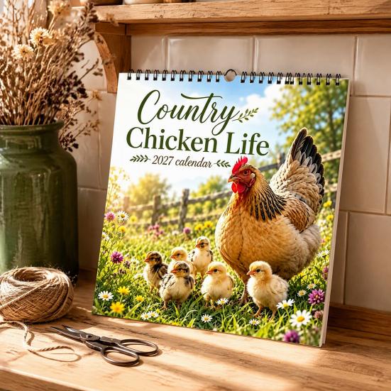 Farm Life Theme Calendar 2027 Country Chicken Wall Calendar, 12-Month Planner with Spiral Hens Chicks Binding, Thick Paper Academic Year for