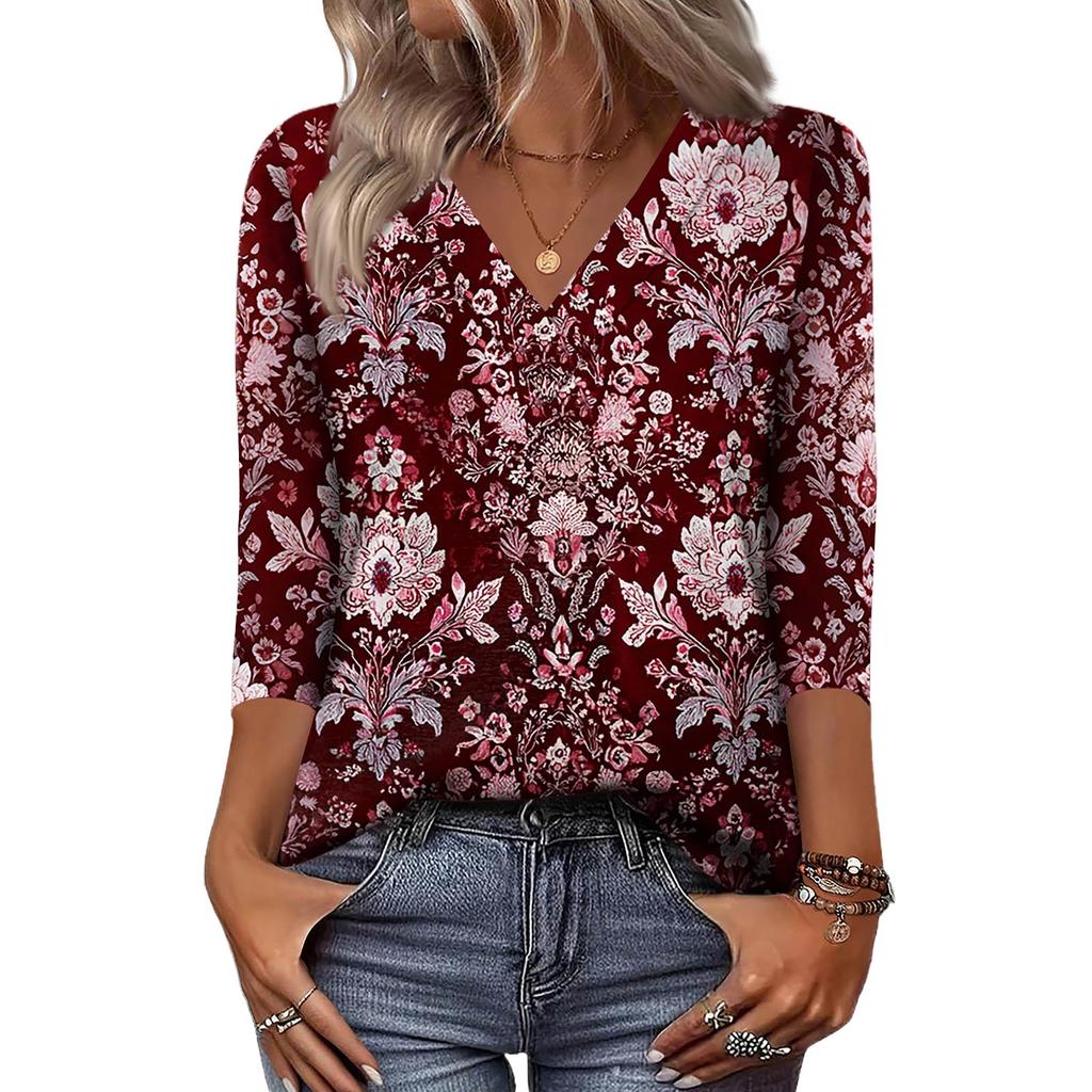 Women's 3/4 Sleeve Shirts V Neck Print Tops Casual Tops Basic Tees Blouse Loose Tops