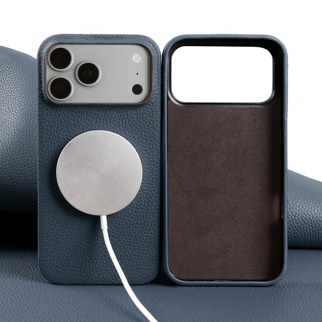 Litchi Genuine Leather Case for IPhone 17 Pro Max 18Pro 16 15 14 13 12 for Magsafe Luxury Genuine Leather Handmade Phone Cover