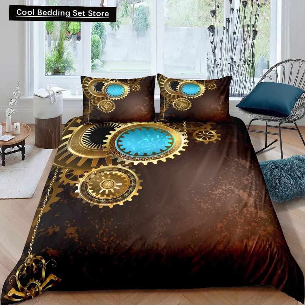 Golden Industrial Gear King Full Duvet Cover Steampunk Style Bedding Set Mechanical Device Quilt Cover Polyester Comforter Cover