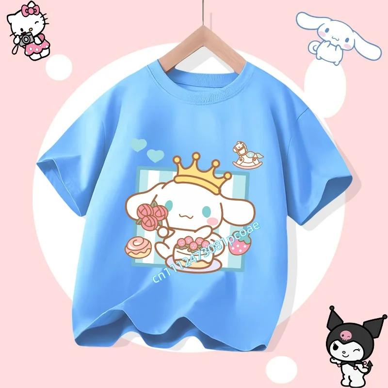 

Милая летняя футболка с коротким рукавом и принтом Cinnamoroll для девочек, идеальный подарок для детей 4-14 лет, модная для уличного стиля 110