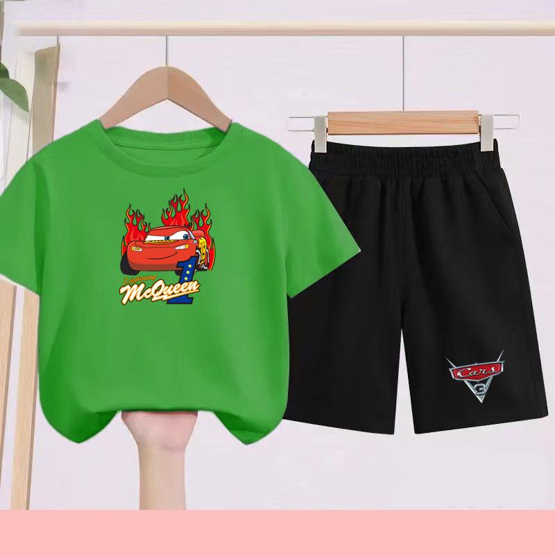 Children Aged 3 to 14 Summer Fashion T-shirt set Children Disney Car Print T-shirt + shorts Girl Boy Casual Tops Toddler Clothes