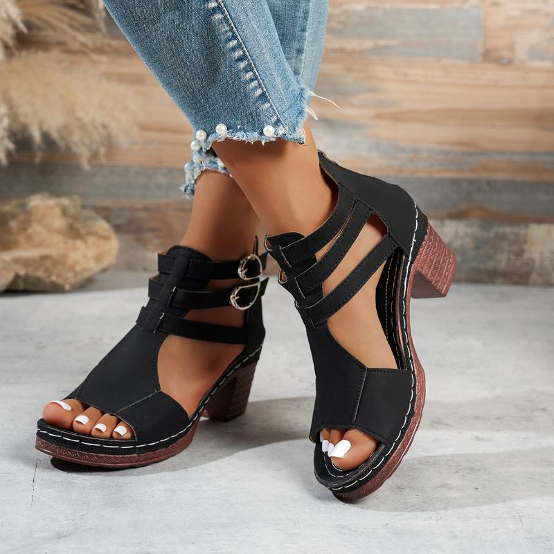 

Fashion 2025 Summer Open Toe Women s Sandals Thick Sole High Heels Retro Non-slip Buckle Casual Roman Sandals Women Sandalias De Mujer 36 чёрный