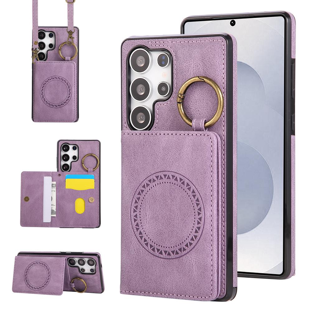 Crossbody Ring Holder Vertical Card Solt Wallet Leather Case For Samsung S26 Ultra S25 Plus S24 A26 A17 A07 long Lanyard Cover