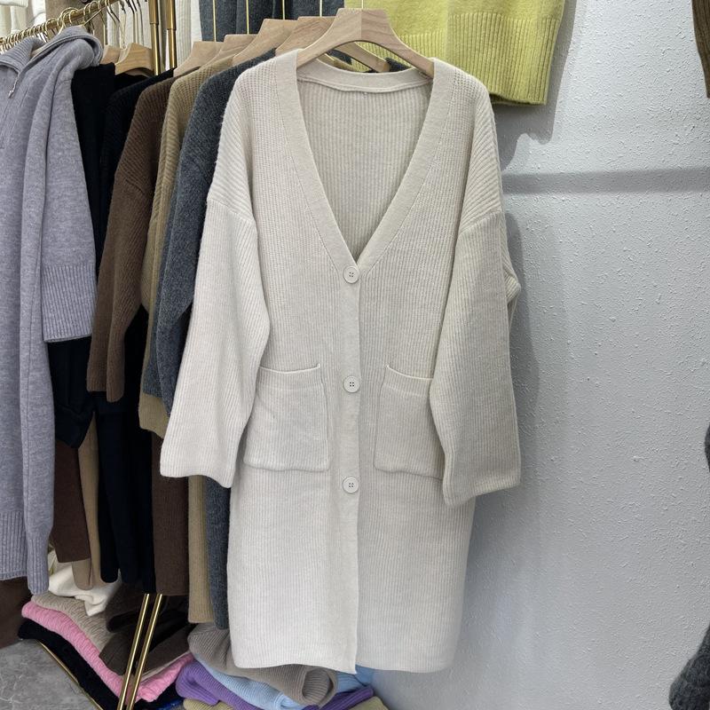 

Свитер средней длины, кардиган, женская куртка в стиле ленивой вязки на осень и зиму, свитер выше колена, свободный вязаный свитер, верхняя одежда L бежевый