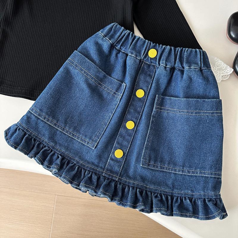 Girls Denim Overall Skirt Set 2 Piece Spring Autumn Baby Girl Fashionable Jeans Suspender Dress Outfit