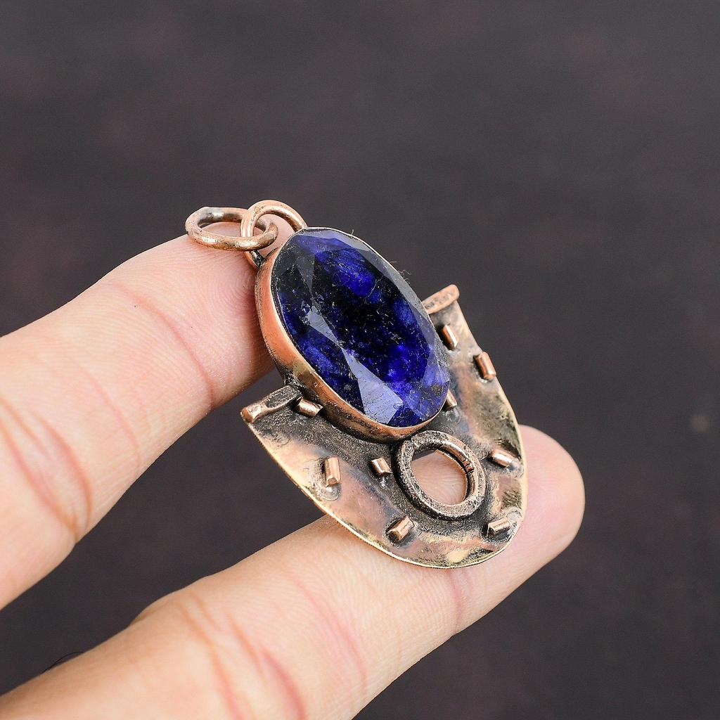 Faceted Blue Sapphire Copper Pendant Excellent Quality Gemstone Pendant Copper Jewelry Handmade Pendant Jewelry For Gifts Amazing Pendant