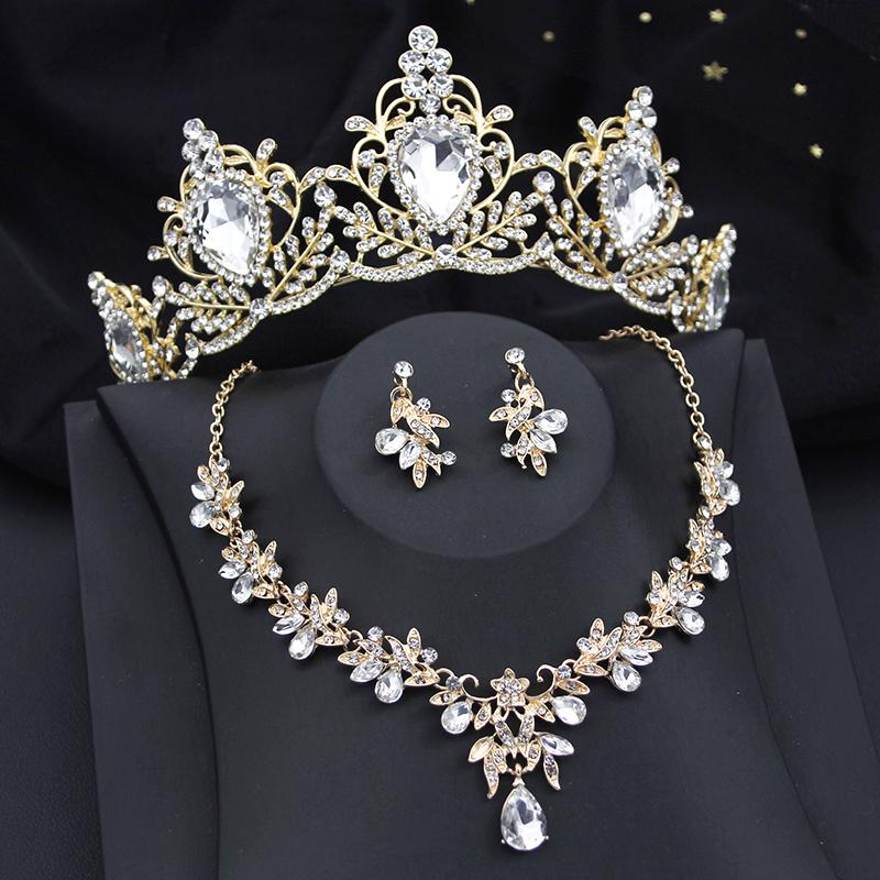 Water Drop Bridal Jewelry Sets Luxury Tiaras Crown Necklace Earrings Wedding Dress Dubai Jewelry Set Costume Accessories
