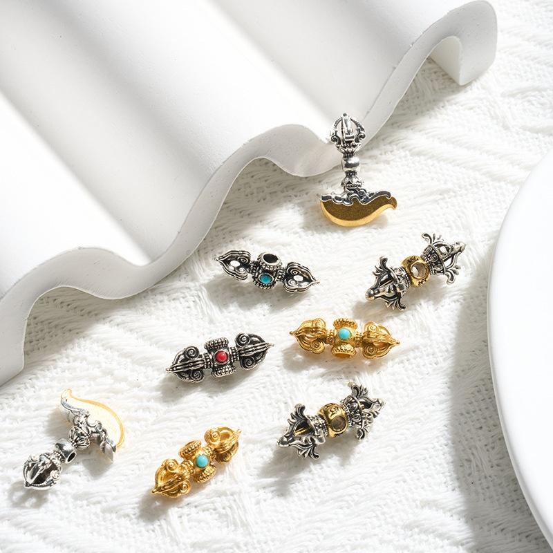 2Pcs 20X7.3Mm Matted Gold/Antique Silver Plated Spacer Beads Alloy Vajra Bell Pendant For Diy Jewelry Making Accessories