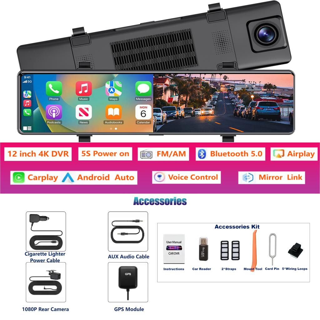 Aprilboy 12'' 4K Carplay&Android Auto Car DVR Dash Cam View Mirror Camera for Video Recorder Rearview Dash Cam 1080P Rear Camera