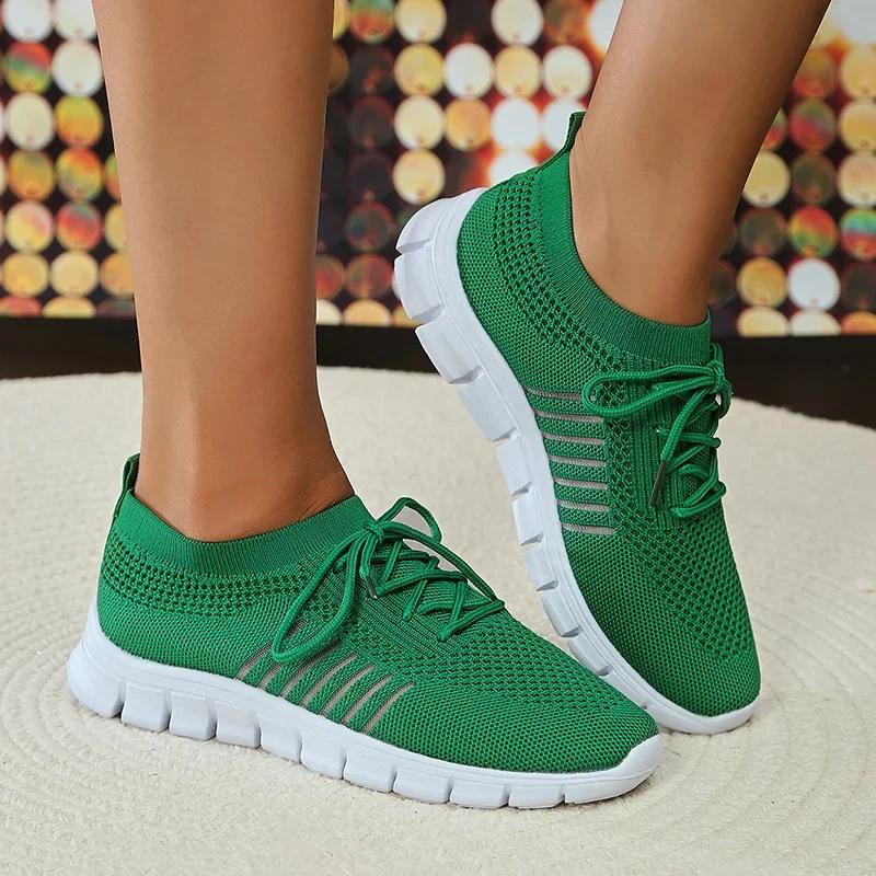 Fashion Spring Summer Breathable Knitted Sneakers Womens Plus Size Soft Sole Flats Shoes Woman Comfort Lace Up Platform Sports Shoes